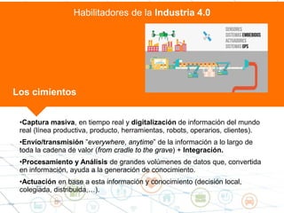 Habilitadores de la Industria 4.0
•Captura masiva, en tiempo real y digitalización de información del mundo
real (línea productiva, producto, herramientas, robots, operarios, clientes).
•Envío/transmisión ”everywhere, anytime” de la información a lo largo de
toda la cadena de valor (from cradle to the grave) + Integración.
•Procesamiento y Análisis de grandes volúmenes de datos que, convertida
en información, ayuda a la generación de conocimiento.
•Actuación en base a esta información y conocimiento (decisión local,
colegiada, distribuida,…).
Los cimientos
 