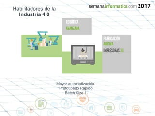 Habilitadores de la
Industria 4.0
Fuente: http://www.industriaconectada40.gob.es/
Mayor automatización.
Prototipado Rápido.
Batch Size 1.
 