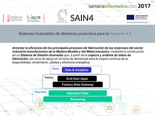 Sistemas Avanzados de eficiencia productiva para la Industria 4.0
SAIN4
Amentar la eficiencia de los principales procesos de fabricación de las empresas del sector
industrial manufacturero de la Madera-Mueble y del Metal-mecánico, mediante la construcción
de un Sistema de Gestión Avanzada que, a partir de la captura y análisis de datos de
fabricación, les sirva de apoyo en la toma de decisiones para la mejora continua de la
disponibilidad, rendimiento, calidad y eficiencia energética
Sensoring
Operation Data
Factory Data Gateway
End-User Apps
Data & Analytics
Plant floor
Factory
Cloud
 
