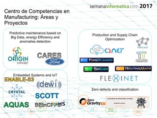 Embedded Systems and IoT
Predictive maintenance based on
Big Data, energy Efficiency and
anomalies detection
Production and Supply Chain
Optimization
Centro de Competencias en
Manufacturing: Áreas y
Proyectos
Zero defects and classification
 