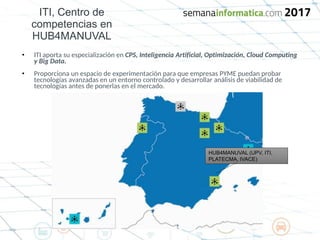 ITI, Centro de
competencias en
HUB4MANUVAL
HUB4MANUVAL (UPV, ITI,
PLATECMA, IVACE)
• ITI aporta su especialización en CPS, Inteligencia Artificial, Optimización, Cloud Computing
y Big Data.
• Proporciona un espacio de experimentación para que empresas PYME puedan probar
tecnologías avanzadas en un entorno controlado y desarrollar análisis de viabilidad de
tecnologías antes de ponerlas en el mercado.
 