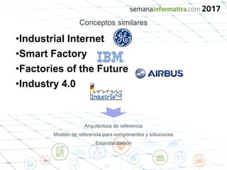 Conceptos similares
•Industrial Internet
•Smart Factory
•Factories of the Future
•Industry 4.0
Arquitectura de referencia
Modelo de referencia para componentes y soluciones
Estandarización
 