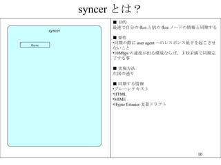 syncer Ȥϣ syncer  Ŀ ٤Է֤ fkss Ȅe fkss Ω`ɤͬڤ  Ҫ ͬڤH user agent ؤΥ쥹ݥ󥹵¤𤳤ʤ 10Mbps ٶȤhʤС 3 δͬˤ   gF ͨ  ͬڤ ץ`ƥ HTML MIME Hyper Estraier ĕɥե Rsync 