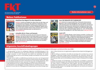 14


Die Fachzeitschrift Für Fernsehen,                                                                                                                      Media-Informationen 2010
Film Und Elektronische Medien


   Weitere Publikationen
                       videofilmen Das Magazin für aktive Videofilmer                                                      zoom DAS MAGAZIN DER FILMEMACHER
                       videofilmen inspiriert und begleitet den aktiven Filmer bei allen Fragen rund                       zoom wendet sich an anspruchsvolle Filmer: Filmemacher, Kameramänner,
                       um Videotechnik und Filmpraxis. Mit ausführlichen Testberichten und Pro-                            Regisseure, Cutter und Filmcrewmitglieder, die an der kreativen und techni-
                       duktvergleichen bietet videofilmen Orientierung über aktuelle Trends. Auf                           schen Umsetzung eines Films beteiligt sind. zoom berichtet aus der Filmszene:
                       dem Prüfstand stehen Kameras, Camcorder, Schnittgeräte, Software und Zu-                            Geschichten über Filmemacher, Kameramänner und Regisseure bieten Inspi-
                       behör. Für den Dreh vermitteln erfahrene Filmer die besten Tipps und Tricks,                        rationen für eigene Filmprojekte. Das Magazin der Filmemacher gibt wertvolle
                       leicht verständliche Workshops laden zum Nachmachen ein.                                            Insider-Tipps dazu, welche Kameratypen, welches Ton-, Licht- und Filmzubehör
                       www.videofilmen.de                                                                                  am besten zum jeweilige Film- oder Video-Projekt passen. www.zoom-video.de

                        schmalfilm S8/16: Filmen und Sammeln                                                               music & PC
                        schmalfilm ist für Filmer und Sammler, die sich für klassische Filmtechnik                          MUSIC & PC porträtiert Musiker, Insider, Amateure und Profis. In der Music & PC
                        begeistern. Hier dreht sich alles um die Formate Super 8, 9,5 und 16 mm. Der                        kommen kreative Köpfe – Produzenten, Tontechniker und auch Homerecording-
                        schmalfilm gibt praktische Tipps zu Dreh, Schnitt und Vertonung. Liebhabern                         Produzierende – zu Wort. Die Music & PC stellt ambitionierte Projekte vor.
                        und Sammlern präsentiert das Magazin kostbare Kameras und Kuriositäten,                             In Workshops geben Profis wertvolle Tipps und sprechen über ihre Erfahrungen.
                        relevante Börsentermine, Kleinanzeigen und Berichte aus der Schmalfilm-                             Ratgeber zu ausgesuchten Themen vermitteln musikalische und technische
                        Szene. www.schmalfilm.de                                                                            Grundlagen – so können die Leser ihr Wissen durch Music & PC erweitern.
                                                                                                                            www.music-und-pc.de


   Allgemeine Geschäftsbedingungen
  (In Anlehnung an die Allgemeinen Geschäftsbedingungen für Anzeigen in Zeitungen und Zeitschriften des ZAW)
  1. „Anzeigenauftrag“ im Sinne der nachfolgenden Allgemeinen Geschäftsbedingungen ist der              rufen. In diesem Fall wird der sich möglicherweise ergebende höhere Rabatt dem Auftraggeber gut-
  Vertrag über die Veröffentlichung einer oder mehrerer Anzeigen eines Werbungtreibenden oder           gebracht.
  sonstigen Inserenten in einer Druckschrift zum Zwecke der Verbreitung. Ein solcher                    5. Wird ein Auftrag aus Umständen nicht erfüllt, die der Verlag nicht zu vertreten hat, so hat der
  Anzeigenauftrag liegt auch dann vor, wenn Beihefter, Beilagen oder Beikleber der Druckschrift bei-    Auftraggeber, unbeschadet etwaiger weiterer Rechtspflichten, den Unterschied zwischen dem
  gegeben werden.                                                                                       gewährten und dem der tatsächlichen Abnahme entsprechenden Nachlaß dem Verlag zu erstatten.
  2. Anzeigen sind im Zweifel zur Veröffentlichung innerhalb eines Jahres nach Vertragsabschluß         Die Erstattung entfällt, wenn die Nichterfüllung auf höherer Gewalt im Risikobereich des Verlages
  abzurufen. Ist im Rahmen eines Abschlusses das Recht zum Abruf einzelner Anzeigen eingeräumt,         beruht.
  so ist der Auftrag innerhalb eines Jahres seit Erscheinen der ersten Anzeige abzuwickeln, sofern      6. Aufträge für Anzeigen und Fremdbeilagen, die erklärtermaßen ausschließlich in bestimmten
  die erste Anzeige innerhalb der in Satz 1 genannten Frist abgerufen und veröffentlicht wird.          Nummern, bestimmten Ausgaben oder an bestimmten Plätzen der Druckschrift veröffentlicht wer-
  3. Jeder Auftrag wird erst nach schriftlicher Bestätigung durch den Verlag rechtsverbindlich.         den sollen, müssen so rechtzeitig beim Verlag eingehen, daß dem Auftraggeber noch vor
  4. Bei Abschlüssen ist der Auftraggeber berechtigt, innerhalb der vereinbarten bzw. der in Ziffer 2   Anzeigenschluß mitgeteilt werden kann, wenn der Auftrag auf diese Weise nicht auszuführen ist.
  genannten Frist auch über die im Auftrag genannte Anzeigenmenge hinaus weitere Anzeigen abzu-         Rubrizierte Anzeigen werden in der jeweiligen Rubrik abgedruckt, ohne daß dies der ausdrückli-
                                                                                                        chen Vereinbarung bedarf.
 