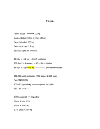 Fletes.
Peso: 200 gr 0.2 kg
Caja embalaje: 60cm x 40cm x 50cm
Peso del pallet: 160 kg
Peso de la caja: 2.7 kg
550.000 cajas del producto
47.3 kg / 0.2 kg = 236.5 unidades
236.5 / 47 = 4 niveles x 47 = 188 unidades
47 kg + 2.7kg =49.7 kg --------------- peso del embalaje
550.000 cajas (producto) / 188 cajas =2.925 cajas
PALETIZACION:
1000-20 kg= 980 kg --------------peso del pallet
980 / 49.7=19.71
2.925 cajas /20 =146 pallets
51-1 x 1.20 x 0.75
52-1 x 1.20 x0.90
2.7 x 2925 =7897 kg
 