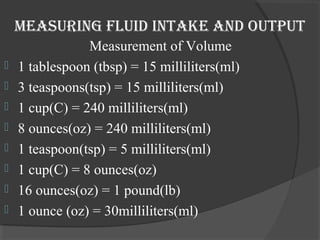 Measuring fluid inTake and ouTpuT 
Measurement of Volume 
 1 tablespoon (tbsp) = 15 milliliters(ml) 
 3 teaspoons(tsp) = 15 milliliters(ml) 
 1 cup(C) = 240 milliliters(ml) 
 8 ounces(oz) = 240 milliliters(ml) 
 1 teaspoon(tsp) = 5 milliliters(ml) 
 1 cup(C) = 8 ounces(oz) 
 16 ounces(oz) = 1 pound(lb) 
 1 ounce (oz) = 30milliliters(ml) 
 