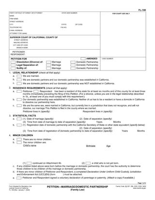 Petitioner and Respondent signed a voluntary declaration of parentage or paternity. (Attach a copy if available.)
AMENDED
PETITION FOR
Dissolution (Divorce) of: Marriage Domestic Partnership
Nullity of: Marriage Domestic Partnership
Legal Separation of: Marriage Domestic Partnership
FOR COURT USE ONLY
ATTORNEY FOR (name):
E-MAIL ADDRESS:
FAX NO.:
TELEPHONE NO.:
ZIP CODE:
STATE:
CITY:
STREET ADDRESS:
FIRM NAME:
NAME:
PARTY WITHOUT ATTORNEY OR ATTORNEY STATE BAR NUMBER:
SUPERIOR COURT OF CALIFORNIA, COUNTY OF
BRANCH NAME:
CITY AND ZIP CODE:
STREET ADDRESS:
MAILING ADDRESS:
RESPONDENT:
PETITIONER:
CASE NUMBER:
FL-100
LEGAL RELATIONSHIP (check all that apply):
a. We are married.
b. We are domestic partners and our domestic partnership was established in California.
We are domestic partners and our domestic partnership was NOT established in California.
c.
1.
RESIDENCE REQUIREMENTS (check all that apply):
has been a resident of this state for at least six months and of this county for at least three
months immediately preceding the filing of this Petition. (For a divorce, unless you are in the legal relationship described
in 1b., at least one of you must comply with this requirement.)
2.
a. Respondent
Petitioner
STATISTICAL FACTS
Date of marriage (specify): Date of separation (specify):
Years
a.
b.
(3)
3.
(1)
(1)
(2)
(3)
(2) Date of separation (specify):
Registration date of domestic partnership with the California Secretary of State or other state equivalent (specify below):
Page 1 of 3
Form Adopted for Mandatory Use
Judicial Council of California
FL-100 [Rev. January 1, 2020]
PETITION—MARRIAGE/DOMESTIC PARTNERSHIP
(Family Law)
Family Code, §§ 297, 299, 2320, 2330, 3409
www.courts.ca.gov
MINOR CHILDREN
If there are minor children of Petitioner and Respondent, a completed Declaration Under Uniform Child Custody Jurisdiction
and Enforcement Act (UCCJEA) (form ) must be attached.
d.
4.
There are no minor children.
a.
The minor children are:
b.
Child's name Birthdate Age
a child who is not yet born.
(2)
continued on Attachment 4b.
(1)
e.
Our domestic partnership was established in California. Neither of us has to be a resident or have a domicile in California
to dissolve our partnership here.
b.
If any children listed above were born before the marriage or domestic partnership, the court has the authority to determine
those children to be children of the marriage or domestic partnership.
c.
c. We are the same sex, were married in California, but currently live in a jurisdiction that does not recognize, and will not
dissolve, our marriage.This Petition is filed in the county where we married.
Respondent lives in (specify):
Petitioner lives in (specify):
Months
Time from date of marriage to date of separation (specify):
Time from date of registration of domestic partnership to date of separation (specify): Months
Years
✖ ✖
PETITIONER IN PRO PER
90744
CA
Wilmington
537 N. McDONALD AVE.
N/A
JOSE CARMEN PINA
LOS ANGELES
SOUTH DISTRICT
LONG BEACH, CA. 90802
275 MAGNOLIA AVE.
275 MAGNOLIA AVE.
ERENDIDA R. PINA
JOSE CARMEN PINA
✖
✖
✖
02/1997 11/15/2020
✖
✖
JOSE DAVID PINA 16
08/09/2004
FL-105
 