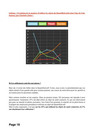 Schéma : l’évolution de la manière d’utiliser les objets du Quantified-seld selon l’âge de l’uti-
lisateur, par Charlotte Zuber :
B) Les utilisateurs sont-ils convaincus ?
Bien sûr, il existe des failles dans le Quantified-self. Certes, nous avons vu précédemment que ces
objets étaient d’une grande aide pour certains patients, une source de motivation pour les sportifs et
un soutien pour les personnes malades.
Mais certains résultats m’ont surprise. Dans un premier temps, 201 personnes ont répondu à mon
questionnaire. Seulement, 43% ont déjà utilisé un objet de santé connecté. Ce qui est relativement
peu pour un marché en pleine croissance. Aux Etats-Unis pourtant, le marché est en plein boom et
la plupart des américains possèdent et utilisent un objet du Quantified-self.
Mais le plus surprenant, c’est que sur les 43% qui utilisent les objets de santé connectés, 61,7%
ont abandonné leur utilisation !
Page 19
 