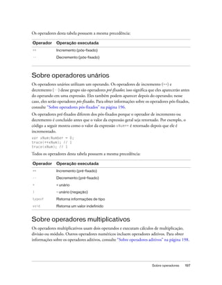 Os operadores desta tabela possuem a mesma precedência:

Operador      Operação executada
++             Incremento (pós-fixado)
--             Decremento (pós-fixado)




Sobre operadores unários
Os operadores unários utilizam um operando. Os operadores de incremento (++) e
decremento (--) desse grupo são operadores pré-fixados; isso significa que eles aparecerão antes
do operando em uma expressão. Eles também podem aparecer depois do operando; nesse
caso, eles serão operadores pós-fixados. Para obter informações sobre os operadores pós-fixados,
consulte “Sobre operadores pós-fixados” na página 196.
Os operadores pré-fixados diferem dos pós-fixados porque o operador de incremento ou
decremento é concluído antes que o valor da expressão geral seja retornado. Por exemplo, o
código a seguir mostra como o valor da expressão xNum++ é retornado depois que ele é
incrementado.
var xNum:Number = 0;
trace(++xNum); // 1
trace(xNum); // 1

Todos os operadores desta tabela possuem a mesma precedência:

Operador      Operação executada
++             Incremento (pré-fixado)
--             Decremento (pré-fixado)
+              + unário
!              - unário (negação)
typeof         Retorna informações de tipo
void           Retorna um valor indefinido



Sobre operadores multiplicativos
Os operadores multiplicativos usam dois operandos e executam cálculos de multiplicação,
divisão ou módulo. Outros operadores numéricos incluem operadores aditivos. Para obter
informações sobre os operadores aditivos, consulte “Sobre operadores aditivos” na página 198.




                                                                         Sobre operadores    197
 