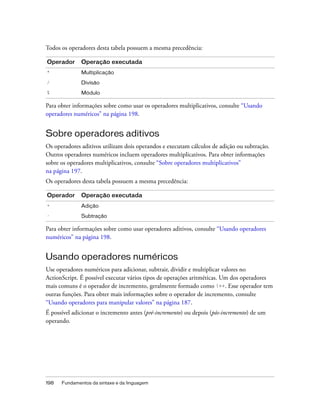Todos os operadores desta tabela possuem a mesma precedência:

Operador      Operação executada
*             Multiplicação
/             Divisão
%             Módulo

Para obter informações sobre como usar os operadores multiplicativos, consulte “Usando
operadores numéricos” na página 198.


Sobre operadores aditivos
Os operadores aditivos utilizam dois operandos e executam cálculos de adição ou subtração.
Outros operadores numéricos incluem operadores multiplicativos. Para obter informações
sobre os operadores multiplicativos, consulte “Sobre operadores multiplicativos”
na página 197.
Os operadores desta tabela possuem a mesma precedência:

Operador      Operação executada
+             Adição
-             Subtração

Para obter informações sobre como usar operadores aditivos, consulte “Usando operadores
numéricos” na página 198.


Usando operadores numéricos
Use operadores numéricos para adicionar, subtrair, dividir e multiplicar valores no
ActionScript. É possível executar vários tipos de operações aritméticas. Um dos operadores
mais comuns é o operador de incremento, geralmente formado como i++. Esse operador tem
outras funções. Para obter mais informações sobre o operador de incremento, consulte
“Usando operadores para manipular valores” na página 187.
É possível adicionar o incremento antes (pré-incremento) ou depois (pós-incremento) de um
operando.




198   Fundamentos da sintaxe e da linguagem
 