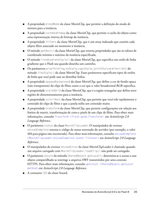 ■   A propriedade blendMode da classe MovieClip, que permite a definição do modo de
    mistura para a instância.
■   A propriedade cacheAsBitmap da classe MovieClip, que permite o cache do objeto como
    uma representação interna de bitmap da instância.
■   A propriedade filters da classe MovieClip, que é um array indexado que contém cada
    objeto filtro associado no momento à instância.
■   O método getRect() da classe MovieClip, que retorna propriedades que são os valores de
    coordenada mínimo e máximo da instância especificada.
■   O método lineGradientStyle() da classe MovieClip, que especifica um estilo de linha
    gradiente que o Flash usa quando desenha um caminho.
■   Os parâmetros pixelHinting, noScale, capsStyle, jointStyle e miterLimit do
    método lineStyle() da classe MovieClip. Esses parâmetros especificam tipos de estilos
    de linha que você pode usar ao desenhar linhas.
■   A propriedade opaqueBackground da classe MovieClip, que define a cor de fundo opaca
    (não transparente) do clipe de filme como a cor que o valor hexadecimal RGB especifica.
■   A propriedade scale9Grid da classe MovieClip, que é a região retangular que define nove
    regiões de dimensionamento para a instância.
■   A propriedade scrollRect da classe MovieClip, que permite que você role rapidamente o
    conteúdo do clipe de filme e que a janela exiba um conteúdo maior.
■   A propriedade transform da classe MovieClip, que permite configurações em relação aos
    limites de matriz, transformação de cores e pixels de um clipe de filme. Para obter mais
    informações, consulte Transform (flash.geom.Transform) em ActionScript 2.0
    Language Reference.
■   O parâmetro status da classe MovieClipLoader. O manipulador de eventos
    onLoadComplete retorna o código de status retornado do servidor (por exemplo, o valor
    404 para página não encontrada). Para obter mais informações, consulte onLoadComplete
    (MovieClipLoader.onLoadComplete event listener) em ActionScript 2.0 Language
    Reference.
■   O manipulador de eventos onLoadError da classe MovieClipLoader é chamado quando
    um arquivo carregado com MovieClipLoader.loadClip() não pode ser carregado.
■   O parâmetro secure do método SharedObject.getLocal() determina se o acesso a esse
    objeto compartilhado se restringe a arquivos SWF transmitidos por uma conexão
    HTTPS. Para obter mais informações, consulte getLocal (SharedObject.getLocal
    method) em ActionScript 2.0 Language Reference.
■   A constante ID3 da classe Sound.




                                                Novidades do ActionScript 2.0 e do Flash 8   25
 