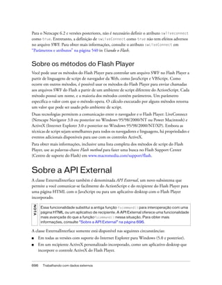 Para o Netscape 6.2 e versões posteriores, não é necessário definir o atributo swliveconnect
como true. Entretanto, a definição de swLiveConnect como true não tem efeitos adversos
no arquivo SWF. Para obter mais informações, consulte o atributo swLiveConnect em
“Parâmetros e atributos” na página 540 in Usando o Flash.


Sobre os métodos do Flash Player
Você pode usar os métodos do Flash Player para controlar um arquivo SWF no Flash Player a
partir de linguagens de script de navegador da Web, como JavaScript e VBScript. Como
ocorre em outros métodos, é possível usar os métodos do Flash Player para enviar chamadas
aos arquivos SWF do Flash a partir de um ambiente de script diferente do ActionScript. Cada
método possui um nome, e a maioria dos métodos contém parâmetros. Um parâmetro
especifica o valor com que o método opera. O cálculo executado por alguns métodos retorna
um valor que pode ser usado pelo ambiente de script.
Duas tecnologias permitem a comunicação entre o navegador e o Flash Player: LiveConnect
(Netscape Navigator 3.0 ou posterior no Windows 95/98/2000/NT ou Power Macintosh) e
ActiveX (Internet Explorer 3.0 e posterior no Windows 95/98/2000/NT/XP). Embora as
técnicas de script sejam semelhantes para todos os navegadores e linguagens, há propriedades e
eventos adicionais disponíveis para uso com os controles ActiveX.
Para obter mais informações, inclusive uma lista completa dos métodos de script do Flash
Player, use as palavras-chave Flash method para fazer uma busca no Flash Support Center
(Centro de suporte do Flash) em www.macromedia.com/support/flash.


Sobre a API External
A classe ExternalInterface também é denominada API External, um novo subsistema que
permite a você comunicar-se facilmente do ActionScript e do recipiente do Flash Player para
uma página HTML com o JavaScript ou para um aplicativo desktop com o Flash Player
incorporado.
N OT A




          Essa funcionalidade substitui a antiga função fscommand() para interoperação com uma
          página HTML ou um aplicativo de recipiente. A API External oferece uma funcionalidade
          mais avançada do que a funçãofscommand() nessa situação. Para obter mais
          informações, consulte “Sobre a API External” na página 696.

A classe ExternalInterface somente está disponível nas seguintes circunstâncias:
■        Em todas as versões com suporte do Internet Explorer para Windows (5.0 e posterior).
■        Em um recipiente ActiveX personalizado incorporado, como um aplicativo desktop que
         incorpore o controle ActiveX do Flash Player.


696        Trabalhando com dados externos
 