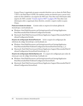 A pasta Classes é organizada em pastas contendo diretórios com as classes do Flash Player
     7 (FP7) e do Flash Player 8 (FP8). Ela também contém um diretório para o pacote (mx),
     usado nos dois exibidores e em arquivos do ASO (aso). Para obter mais informações sobre
     arquivos do ASO, consulte “Usando arquivos ASO” na página 298. Para obter mais
     informações sobre a organização desse diretório, consulte o arquivo readme na pasta
     Classes.
Pasta de inclusão de classes         Contém todos os arquivos de inclusão globais do
ActionScript e está localizada em:
■    Windows: Hard DiskDocuments and SettingsusuarioLocal SettingsApplication
     DataMacromediaFlash 8idiomaConfigurationInclude.
■    Macintosh: Hard Disk/Users/usuario/Library/Application Support/Macromedia/Flash 8/
     idioma/Configuration/Include.
Arquivo de configuração ActionsPanel.xml          Inclui o arquivo de configuração das
referências do código ActionScript e está localizado em:
■    Windows: Hard DiskDocuments and SettingsusuarioLocal SettingsApplication
     DataMacromediaFlash 8idiomaConfigurationActionsPanelActionScript_1_2.
■    Macintosh: Hard Disk/Users/usuario/Library/Application Support/Macromedia/Flash 8/
     idioma/Configuration/ActionsPanel/ActionScript_1_2.
Arquivo de configuração AsColorSyntax.xml          É o arquivo de configuração para realce da
sintaxe por cores do código ActionScript, localizado em:
■    Windows: Hard DiskDocuments and SettingsusuarioLocal SettingsApplication
     DataMacromediaFlash 8idiomaConfigurationActionsPanel.
■    Macintosh: Hard Disk/Users/usuario/Library/Application Support/Macromedia/Flash 8/
     idioma/Configuration/ActionsPanel.




70     Escrevendo e editando o ActionScript 2.0
 