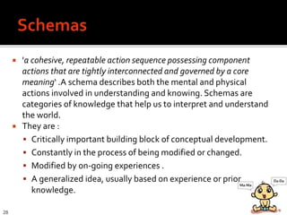  'a cohesive, repeatable action sequence possessing component
actions that are tightly interconnected and governed by a core
meaning‘ .A schema describes both the mental and physical
actions involved in understanding and knowing. Schemas are
categories of knowledge that help us to interpret and understand
the world.
 They are :
 Critically important building block of conceptual development.
 Constantly in the process of being modified or changed.
 Modified by on-going experiences .
 A generalized idea, usually based on experience or prior
knowledge.
28
 