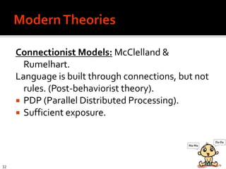 Connectionist Models: McClelland &
Rumelhart.
Language is built through connections, but not
rules. (Post-behaviorist theory).
 PDP (Parallel Distributed Processing).
 Sufficient exposure.
32
 