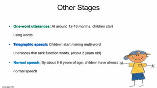 Other Stages
At around 12-18 months, children start
using words.
Children start making multi-word
utterances that lack function words. (about 2 years old)
By about 5-6 years of age, children have almost
normal speech
 