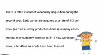 There is often a spurt of vocabulary acquisition during the
second year. Early words are acquired at a rate of 1-3 per
week (as measured by production diaries); in many cases
the rate may suddenly increase to 8-10 new words per
week, after 40 or so words have been learned.
 