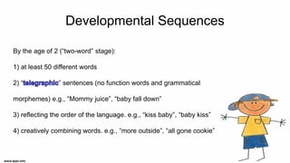 Developmental Sequences
By the age of 2 (“two-word” stage):
1) at least 50 different words
2) “ ” sentences (no function words and grammatical
morphemes) e.g., “Mommy juice”, “baby fall down”
3) reflecting the order of the language. e.g., “kiss baby”, “baby kiss”
4) creatively combining words. e.g., “more outside”, “all gone cookie”
 