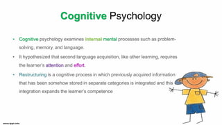 Cognitive Psychology
• Cognitive psychology examines internal mental processes such as problem-
solving, memory, and language.
• It hypothesized that second language acquisition, like other learning, requires
the learner’s attention and effort.
• Restructuring is a cognitive process in which previously acquired information
that has been somehow stored in separate categories is integrated and this
integration expands the learner’s competence
 