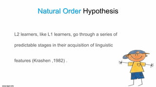 Natural Order Hypothesis
L2 learners, like L1 learners, go through a series of
predictable stages in their acquisition of linguistic
features (Krashen ,1982) .
 