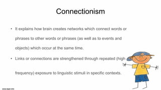 Connectionism
• It explains how brain creates networks which connect words or
phrases to other words or phrases (as well as to events and
objects) which occur at the same time.
• Links or connections are strengthened through repeated (high
frequency) exposure to linguistic stimuli in specific contexts.
 