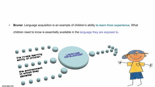 • Bruner : Language acquisition is an example of children’s ability to learn from experience. What
children need to know is essentially available in the language they are exposed to.
 