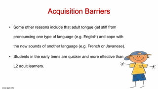 • Some other reasons include that adult tongue get stiff from
pronouncing one type of language (e.g. English) and cope with
the new sounds of another language (e.g. French or Javanese).
• Students in the early teens are quicker and more effective than
L2 adult learners.
 