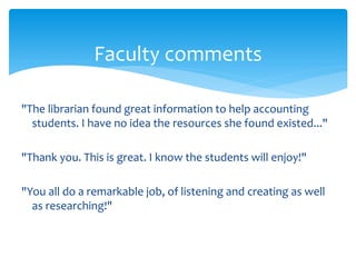 Faculty comments
"The librarian found great information to help accounting
students. I have no idea the resources she found existed..."
"Thank you. This is great. I know the students will enjoy!"
"You all do a remarkable job, of listening and creating as well
as researching!"
 