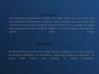 En el caso 2. Se establece nuevamente el peso de cada sólido pero en éste caso sumergido parcialmente en el beakers. Cabe destacar que para determinar la fuerza en el caso del objeto de madera se debe atar un objeto de mayor peso para que pueda sumergirse, elegimos la esfera, luego nuevamente se activa data Studio. En el caso 3 Se determina por tercera vez el peso de cada solidó pero en ésta ocasión sumergido totalmente en el beakers, hasta que toque su superficie. Se activa data Studio, que arrojara la fuerza respectiva. 