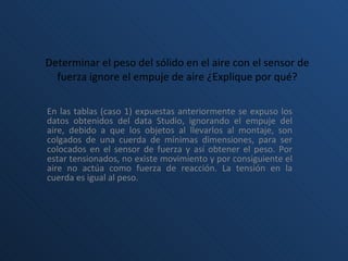 Determinar el peso del sólido en el aire con el sensor de fuerza ignore el empuje de aire ¿Explique por qué? En las tablas (caso 1) expuestas anteriormente se expuso los datos obtenidos del data Studio, ignorando el empuje del aire, debido a que los objetos al llevarlos al montaje, son colgados de una cuerda de mínimas dimensiones, para ser colocados en el sensor de fuerza y así obtener el peso. Por estar tensionados, no existe movimiento y por consiguiente el aire no actúa como fuerza de reacción. La tensión en la cuerda es igual al peso. 
