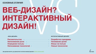 ОСНОВНЫЕ ОТЛИЧИЯ




ВЕБ-ДИЗАЙН?
ИНТЕРАКТИВНЫЙ
ДИЗАЙН!
        «ВЕБ-ДИЗАЙН»

        Рисовательство
        Непонимание роли
        Отрицание пользы
        Непонимание технологий
                                      vs
ВЕБ-ДИЗАЙН МЕРТВ. ДА ЗДРАВСТВУЕТ ИНТЕРАКТИВНЫЙ ДИЗАЙН! GRASS DESIGN WEEK
                                                                           ИНТЕРАКТИВНЫЙ ДИЗАЙН

                                                                           Разработка сценариев
                                                                           Понимание целей
                                                                           Фокус на пользе
                                                                           Умные технологии
 