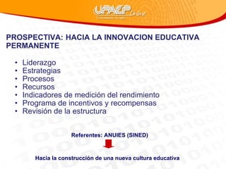 PROSPECTIVA:   HACIA LA INNOVACION EDUCATIVA PERMANENTE Liderazgo Estrategias Procesos Recursos Indicadores de medición del rendimiento Programa de incentivos y recompensas Revisión de la estructura  Hacia la construcción de una nueva cultura educativa Referentes: ANUIES (SINED) 