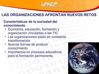 LAS ORGANIZACIONES AFRONTAN NUEVOS RETOS Características de la sociedad del conocimiento Economía, educación, formación y organización vinculadas a las TIC Las organizaciones están en constante transformación Nuevas formas de producir conocimiento  Importancia en procesos educativos para la formación permanente. 
