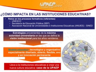 ¿CÓMO IMPACTA EN LAS INSTITUCIONES EDUCATIVAS? Retos en los procesos formativos (referentes) UNESCO Secretaría de Educación Pública (SEP) Asociación Nacional de Universidades e Instituciones Educativas (ANUIES) - SINED Modelo educativo , tecnológico y organizativo  especialmente diseñado, abierto, flexible, evo y en innovación permanente Estrategias  provenientes de la  máxima autoridad universitaria  en las que se defina la  visión institucional  para los años venideros. Lleva a la instituciones educativas a crear una  nueva cultura educativa:   caso de la UPAEP  