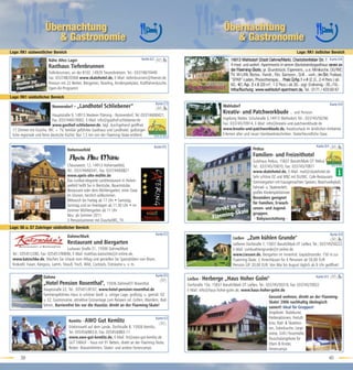Übernachtung                                                                                                Übernachtung
                        & Gastronomie                                                                                               & Gastronomie
Lage: RK1 südwestlicher Bereich                                                                                                                                                Lage: RK1 östlicher Bereich
                       Nähe Altes Lager                                             Karte:A2                                                                                                           Karte:D4

                       Rasthaus Tiefenbrunnen
                   Tiefenbrunnen, an der B102 ,14929 Treuenbrietzen, Tel.: 033748/70449
                   Fax: 033748/20368 www.skatehotel.de, E-Mail: tiefenbrunnen@freenet.de
           zur
   Westtor g-Skate Pension mit 22 Betten, Biergarten, Bowling, Kinderspielplatz, Kraftfahrerdusche,
   Flaemin         Open-Air-Programm

Lage: RK1 südöstlicher Bereich
                                                                                               Karte:C5                                                                                                Karte:D4
                          Nonnendorf    - „Landhotel Schliebener“                                                                Wahlsdorf

                            Hauptstraße 9, 14913 Niederer Fläming - Nonnendorf, Tel.:033744/60421,
                                                                                                                                 Kreativ- und Patchworkbude ... und Pension
                            Fax.:033744/619002, E-Mail: info@gasthof-schliebener.de                                              Ingeborg Walter, Schulstraße 3,14913 Wahlsdorf, Tel.: 033745/50296
                            www.gasthof-schliebener.de, tägl. durchgehend geöffnet,                                              Fax: 033745/70914, E-Mail: info@kreativ-und-patchworkbude.de
 17 Zimmer mit Dusche, WC + TV, familiär geführtes Gasthaus und Landhotel, gutbürger-                                            www.kreativ-und-patchworkbude.de, Kreativurlaub im ländlichen Ambiente.
 liche regionale und feine deutsche Küche! Nur 1,5 km von der Flaeming-Skate-entfernt.                                           Erlernen alter und neuer Handwerkstechniken. Skaterfreundliche Oase.

                                                                                               Karte:D5                                                                                     Karte:D3
                                   Hohenseefeld                                                                                                    Petkus
                                                                                                                                                   Familien- und Freizeithotel
                                                                                                                                                   Gutshaus Petkus, 15837 Baruth/Mark OT Petkus
                                   Chausseestr. 12, 14913 Hohenseefeld,                                                                            Tel.: 033745/70870, Fax: 033745/70871
                                   Tel.: 033744/60341, Fax: 033744/60821                                                                           www.skatehotel.de, E-Mail: mail@skatehotel.de
                                   www.apels-alte-mühle.de                                                                                         Sehr schöne DZ und MBZ mit DU/WC. Cafe-Restaurant-
                                   Das rustikal-elegante Landrestaurant in Hohen-                                                                  Sommergarten mit hausgemachten Speisen, Beachvolleyball,
                                   seefeld heißt Sie in Bierstube, Bauernstube,                                                                    Fahrrad- u. Skateverleih,
                                   Restaurant oder dem Mühlengarten, einer Oase                                                                    großes Kinderspielzimmer.
                                   im Grünen, herzlich willkommen.
                                                                                                                                                   Besonders geeignet
                                   Mittwoch bis Freitag ab 17 Uhr • Samstag,
                                                                                                                                                   für Familien, Erwach-
                                                                                                                                         r
                                   Sonntag und an Feiertagen ab 11.30 Uhr • im
                                                                                                                                 t an de
                                   Sommer Mühlengarten ab 11 Uhr                                                         ...direk Skate            senen- und Jugend-
                                                                                                                                   g-              gruppen.
                                   Neu: ab Sommer 2011:                                                                   Flaemin                   - Babyausstattung -
                                   3 Pensionszimmer mit Dusche/WC, TV
Lage: S6 u. S7 Zubringer südöstlicher Bereich
                                                                                               Karte:E5                                                                                                Karte:D3
                                   Dahme/Mark                                                                                          Ließen - „Zum kühlen Grunde"
                                   Restaurant und Biergarten                                                                           Ließener Dorfstraße 7, 15837 Baruth/Mark OT Ließen, Tel.: 033745/50222
                                    Luckauer Straße 21, 15936 Dahme/Mark                                                               E-Mail: zumkuehlengrunde@t-online.de
 Tel.: 035451/280, Fax: 035451/90696, E-Mail: matthias.katzschke@t-online.de,                                                          www.Liessen.de, Biergarten im Innenhof, Gepäcktransfer. 150 m zur
 www.katzschke.de, Machen Sie Urlaub vom Alltag und genießen Sie Spezialitäten von Bison,                                              FLaeming-Skate. 2 Ferienhäuser für 4 Personen ab 50,00 EUR
 Krokodil, Fasan, Känguru, Lamm, Strauß, Fisch, Wild, Cocktails, Eisträume u. v. m.                                                    Pension Ü/F 20,00 EUR. Von Mai bis August täglich ab 9 Uhr geöffnet!

                    Dahme                                                                      Karte:E5                                                                                     Karte:D3
                                                                                                           Ließen - Herberge „Haus Hoher Golm"
                    „Hotel Pension Rosenthal", 15936 Dahme/OT Rosenthal                                    Dorfstraße 15b, 15837 Baruth/Mark OT Ließen, Tel.: 033745/50310, Fax: 033745/70922
                    Hauptstraße 22, Tel.: 035451/8167, www.hotel-pension-rosenthal.de                      E-Mail: info@haus-hoher-golm.de, www.haus-hoher-golm.de
                    Familiengeführtes Haus in schöner ländl. u. ruhiger Lage, großzüg. u. gemütl. DZ                                                          Gesund wohnen, direkt an der Flaeming-
                    u. EZ, Gastronomie, attraktive Grünanlage zum Relaxen od. Grillen, Wandern, Rad-                                                          Skate! 2006 nachhaltig ökologisch
                    fahren, Barrierefrei bis vor die Haustür, direkt an der Flaeming-Skate!                                                                   saniert! Ideal für Gruppen!
                                                                                                                                                              Angebote: Skatekurse,
                                                                                                Karte:E5                                                      Kletteraktionen, Freiluft-
                                    Kemlitz - AWO Gut Kemlitz                                                                                                 kino, Rad- & Skatetou-
                                    Erlebniswelt auf dem Lande, Dorfstraße 8, 15926 Kemlitz,                                                                  ren, Solardusche, Liege-
                                    Tel. 035454/883-0, Fax: 035454/883-11                                                                                     wiese, Grill-/ Feuerstelle,
                                    www.awo-gut-kemlitz.de, E-Mail: ltr@awo-gut-kemlitz.de                                                                    Pauschalangebote für
                                    GUT DRAUF - Haus mit 91 Betten, direkt an der Flaeming-Skate,                                                             Eltern & Kinder,
                                    Reiten. Klassenfahrten, Skater- und andere Feriencamps                                                                    Feriencamps

      39                                                                                                                                                                                               40
 