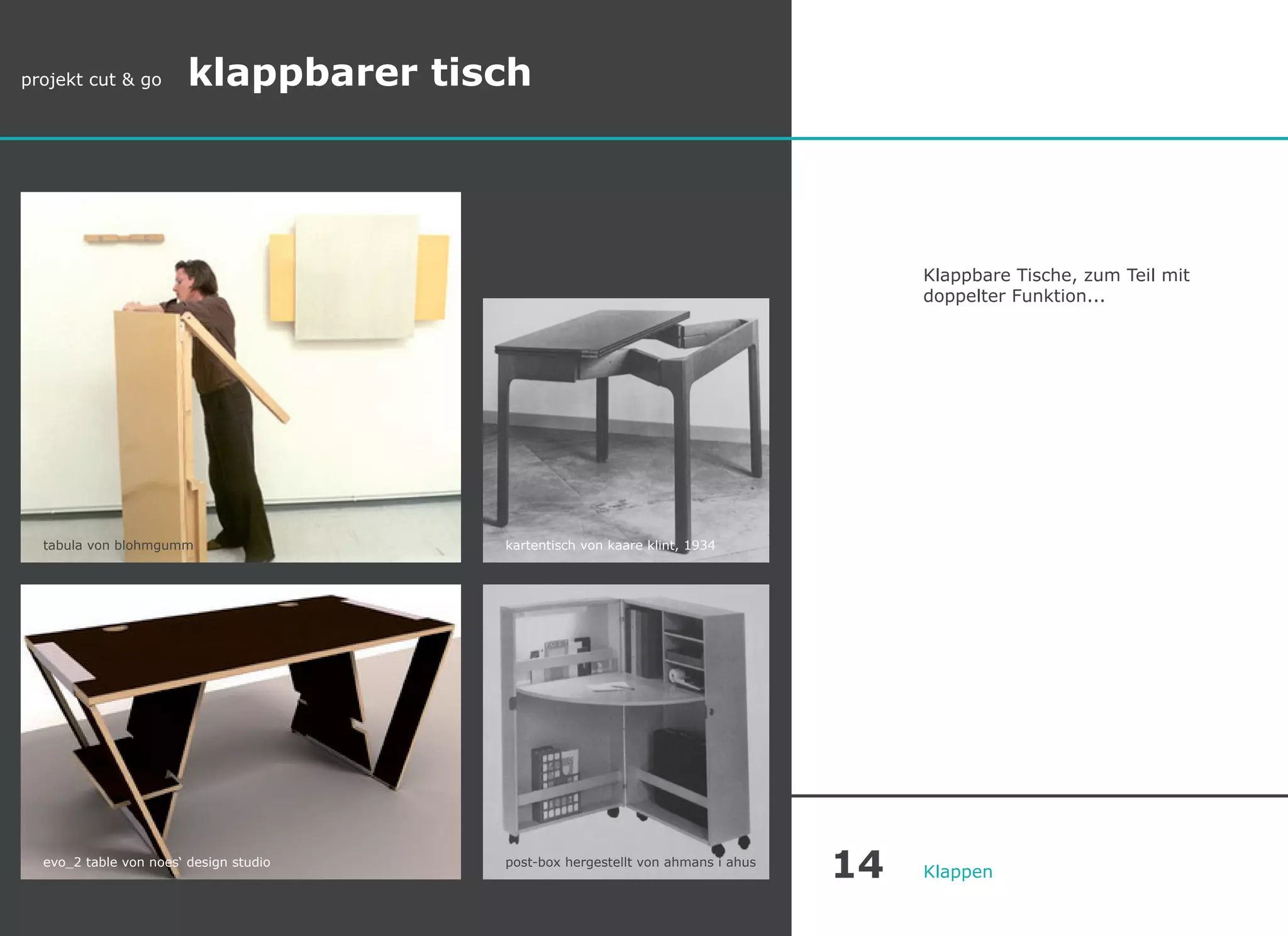 Klappbare Tische, zum Teil mit
doppelter Funktion...
Klappen
evo_2 table von noes‘ design studio
tabula von blohmgumm
projekt cut & go klappbarer tisch
post-box hergestellt von ahmans i ahus
kartentisch von kaare klint, 1934
14
 