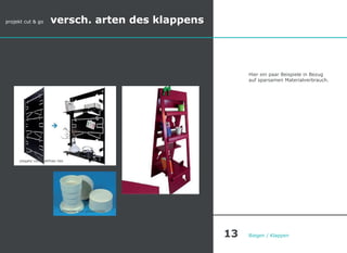 Hier ein paar Beispiele in Bezug
auf sparsamen Materialverbrauch.
Biegen / Klappen
piegato von matthias ries
faltbecher von globetrotter
projekt cut & go versch. arten des klappens
13
 