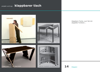 Klappbare Tische, zum Teil mit
doppelter Funktion...
Klappen
evo_2 table von noes‘ design studio
tabula von blohmgumm
projekt cut & go klappbarer tisch
post-box hergestellt von ahmans i ahus
kartentisch von kaare klint, 1934
14
 