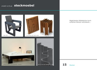 Möglichkeiten Möbelstücke durch
einfaches Stecken aufzubauen...
Stecken
chair 001 fys (finish your self) stool
siebenschläfer von christoffer martens
projekt cut & go steckmoebel
pk111 von paul kjaerholm, 1965
15
 
