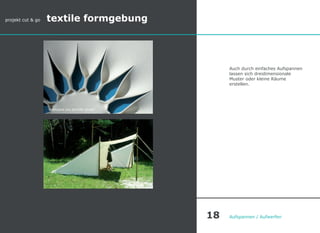 Auch durch einfaches Aufspannen
lassen sich dreidimensionale
Muster oder kleine Räume
erstellen.
projekt cut & go textile formgebung
mampara von jennifer jünger
Aufspannen / Aufwerfen18
 