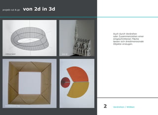 Auch durch Verdrehen
oder Zusammenziehen einer
eingeschnittenen Fläche
lassen sich dreidimensionale
Objekte erzeugen.
Verdrehen / Wölben
projekt cut & go von 2d in 3d
kinematischer ring
pop-upmöbius-band
2
 