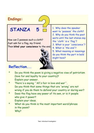 Endings:

     STANZA              5
                                       1. Why does the speaker
                                       want to 'possess' the cloth?
                                       2. Why do you think the poet
                                       waits until the last stanza say
How can I possess such a cloth?
                                       the 'cloth' is a 'flag'?
Just ask for a flag, my friend.
                                       3. What is your 'conscience'?
Then blind your conscience to the end.
                                       4. What is 'the end'?
                                       5. What meaning or meanings
                                       do you think the part in bold
                                       might have?


 Reflection...
 *    Do you think the poem is giving a negative view of patriotism
      (love for and loyalty to your country)?
      Explain your answer.
 *    There's a saying ''All's fair in love and war''.
      Do you think that some things that are 'wrong' are not
      wrong if you do them to defend your country or during war?
 *    Does the flag have any power of its own, or is it people
      who give it power?
      Explain your ideas.
 *    What do you think is the most important word/phrase
      in the poem?
      Why?



                           Task: Individual Investigation
 