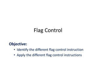 Flag Control
Objective:
• Identify the different flag control instruction
• Apply the different flag control instructions
 