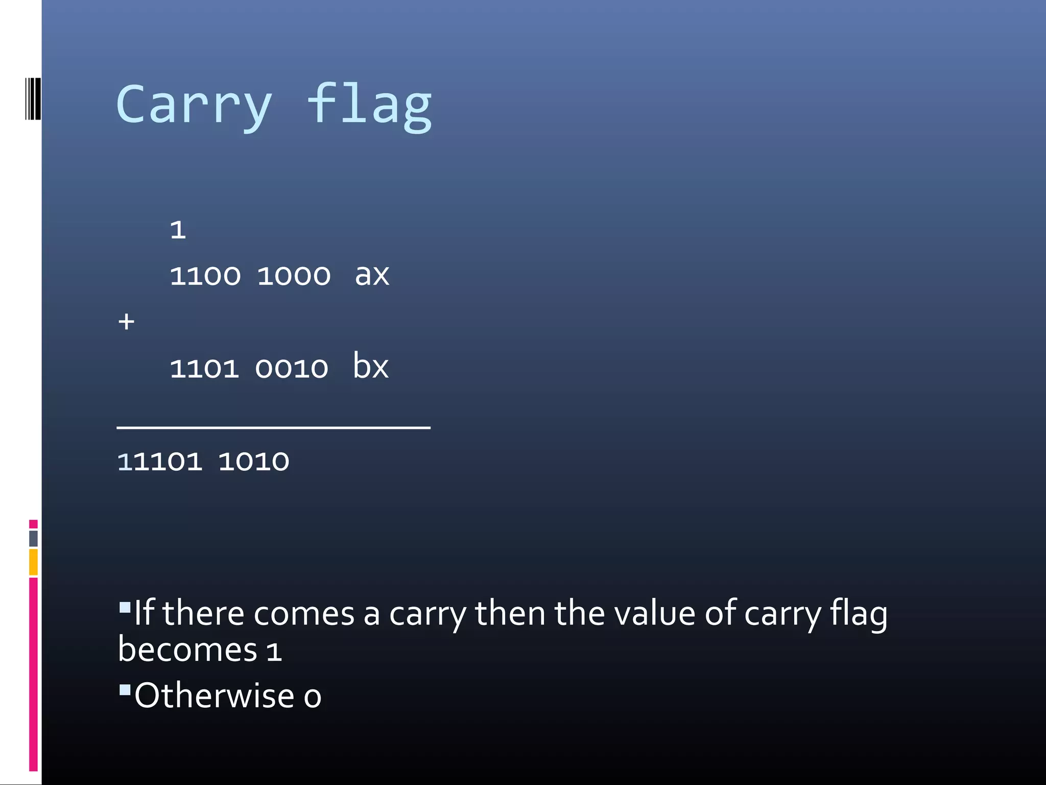 Carry flag
1
1100 1000 ax
+
1101 0010 bx
_________________
11101 1010
If there comes a carry then the value of carry flag
becomes 1
Otherwise 0
 