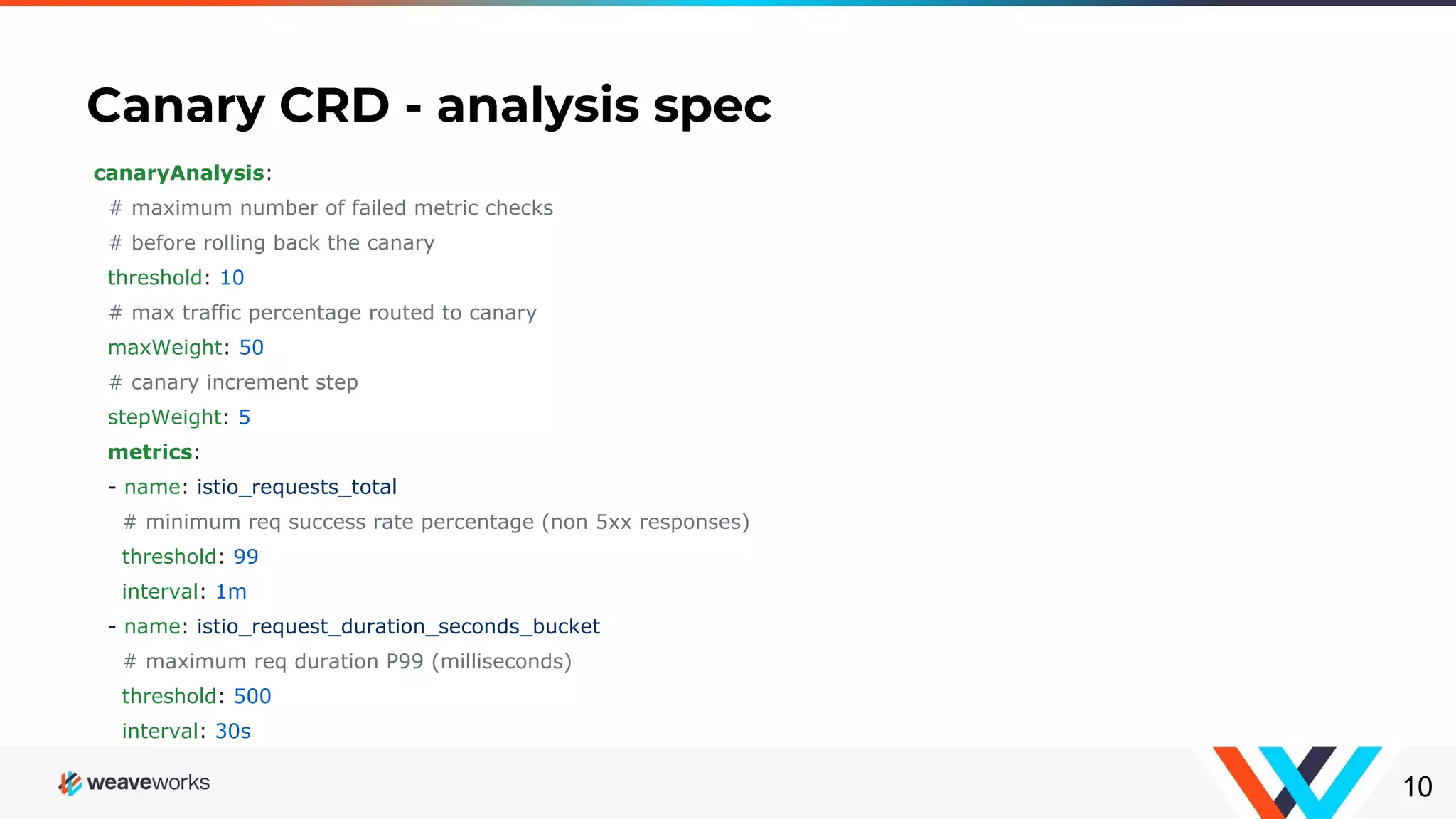 Canary CRD - analysis spec
10
canaryAnalysis:
# maximum number of failed metric checks
# before rolling back the canary
threshold: 10
# max traffic percentage routed to canary
maxWeight: 50
# canary increment step
stepWeight: 5
metrics:
- name: istio_requests_total
# minimum req success rate percentage (non 5xx responses)
threshold: 99
interval: 1m
- name: istio_request_duration_seconds_bucket
# maximum req duration P99 (milliseconds)
threshold: 500
interval: 30s
 