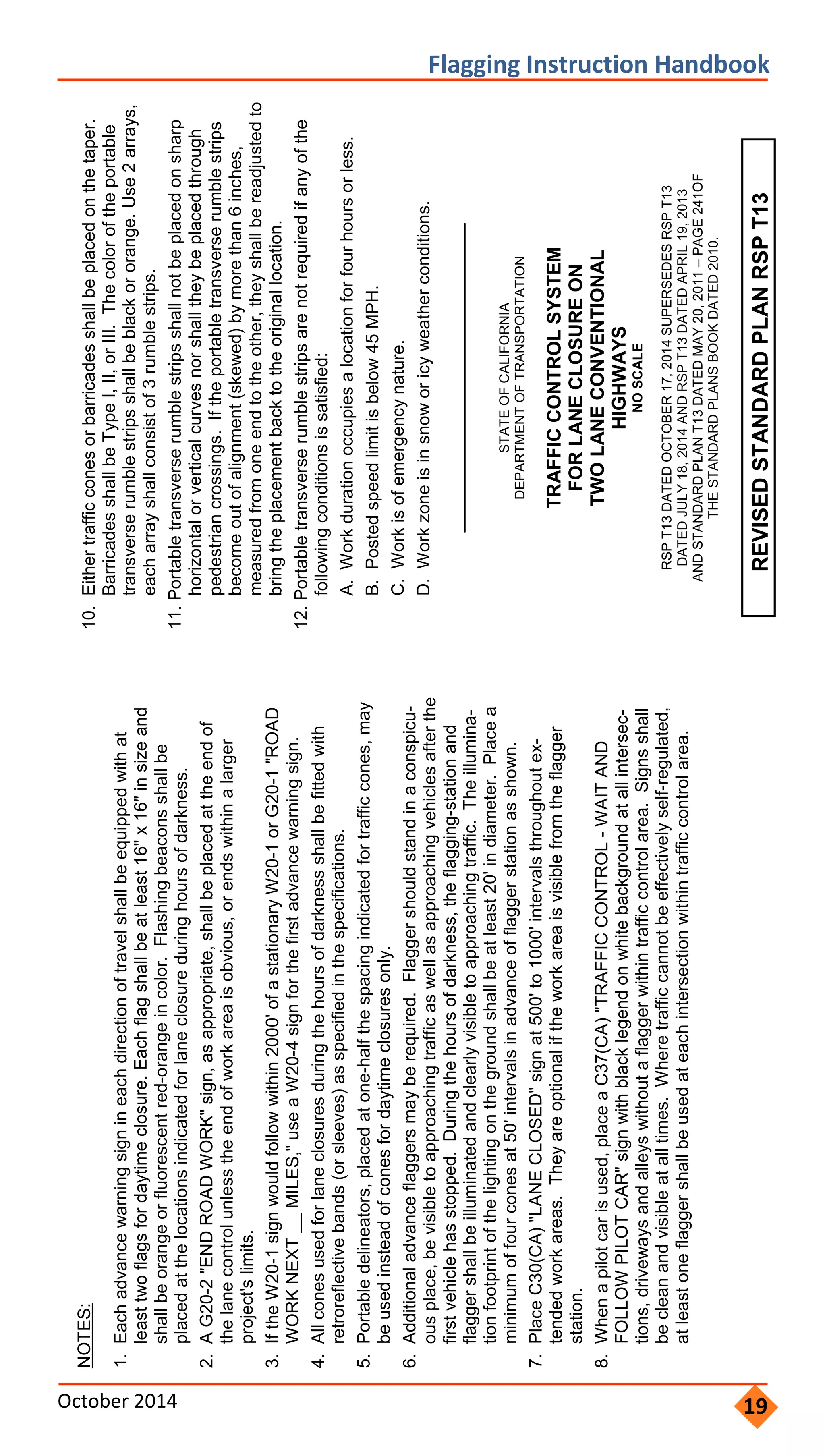      
     
 
NOTES:
Each
advance
warning
sign
in
each
direction
of
travel
shall
be
equipped
with
at
1.
least
two
flags
for
daytime
closure.
Each
flag
shall
be
at
least
16"
x
16"
in
size
and
shall
be
orange
or
fluorescent
red-orange
in
color.
Flashing
beacons
shall
be
placed
at
the
locations
indicated
for
lane
closure
during
hours
of
darkness.
A
G20-2
"END
ROAD
WORK"
sign,
as
appropriate,
shall
be
placed
at
the
end
of
2.
the
lane
control
unless
the
end
of
work
area
is
obvious,
or
ends
within
a
larger
project's
limits.
If
the
W20-1
sign
would
follow
within
2000'
of
a
stationary
W20-1
or
G20-1
"ROAD
3.
WORK
NEXT
__
MILES,"
use
a
W20-4
sign
for
the
first
advance
warning
sign.
All
cones
used
for
lane
closures
during
the
hours
of
darkness
shall
be
fitted
with
4.
retroreflective
bands
(or
sleeves)
as
specified
in
the
specifications.
Portable
delineators,
placed
at
one-half
the
spacing
indicated
for
traffic
cones,
may
5.
be
used
instead
of
cones
for
daytime
closures
only.
Additional
advance
flaggers
may
be
required.
	
6.
Flagger
should
stand
in
a
conspicu-
ous
place,
be
visible
to
approaching
traffic
as
well
as
approaching
vehicles
after
the
first
vehicle
has
stopped.
During
the
hours
of
darkness,
the
flagging-station
and
flagger
shall
be
illuminated
and
clearly
visible
to
approaching
traffic.
The
illumina-
tion
footprint
of
the
lighting
on
the
ground
shall
be
at
least
20'
in
diameter.
Place
a
minimum
of
four
cones
at
50'
intervals
in
advance
of
flagger
station
as
shown.
Place
C30(CA)
"LANE
CLOSED"
sign
at
500'
to
1000'
intervals
throughout
ex-
7.
tended
work
areas.
They
are
optional
if
the
work
area
is
visible
from
the
flagger
station.
When
a
pilot
car
is
used,
place
a
C37(CA)
"TRAFFIC
CONTROL
-
WAIT
AND
8.
FOLLOW
PILOT
CAR"
sign
with
black
legend
on
white
background
at
all
intersec-
tions,
driveways
and
alleys
without
a
flagger
within
traffic
control
area.
Signs
shall
be
clean
and
visible
at
all
times.
Where
traffic
cannot
be
effectively
self-regulated,
at
least
one
flagger
shall
be
used
at
each
intersection
within
traffic
control
area.
Either
traffic
cones
or
barricades
shall
be
placed
on
the
taper.
10.
Barricades
shall
be
Type
I,
II,
or
III.
The
color
of
the
portable
transverse
rumble
strips
shall
be
black
or
orange.
Use
2
arrays,
each
array
shall
consist
of
3
rumble
strips.
Portable
transverse
rumble
strips
shall
not
be
placed
on
sharp
11.
horizontal
or
vertical
curves
nor
shall
they
be
placed
through
pedestrian
crossings.
If
the
portable
transverse
rumble
strips
become
out
of
alignment
(skewed)
by
more
than
6
inches,
measured
from
one
end
to
the
other,
they
shall
be
readjusted
to
bring
the
placement
back
to
the
original
location.
Portable
transverse
rumble
strips
are
not
required
if
any
of
the
12.
following
conditions
is
satisfied:
A.
Work
duration
occupies
a
location
for
four
hours
or
less.
B.
Posted
speed
limit
is
below
45
MPH.
C.
Work
is
of
emergency
nature.
D.
Work
zone
is
in
snow
or
icy
weather
conditions.
STATE
OF
CALIFORNIA

DEPARTMENT
OF
TRANSPORTATION

TRAFFIC
CONTROL
SYSTEM

FOR
LANE
CLOSURE
ON


TWO
LANE
CONVENTIONAL

HIGHWAYS

NO
SCALE
RSP
T13
DATED
OCTOBER
17,
2014
SUPERSEDES
RSP
T13


DATED
JULY
18,
2014
AND
RSP
T13
DATED
APRIL
19,
2013

AND
STANDARD
PLAN
T13
DATED
MAY
20,
2011
–
PAGE
241OF

THE
STANDARD
PLANS
BOOK
DATED
2010.

October 2014 
Flagging Instruction Handbook
19
REVISED
STANDARD
PLAN
RSP
T13
 