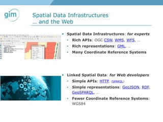 Spatial Data Infrastructures
… and the Web
▶ Spatial Data Infrastructures: for experts
• Rich APIs: OGC CSW, WMS, WFS, …
• Rich representations: GML, …
• Many Coordinate Reference Systems
▶ Linked Spatial Data: for Web developers
• Simple APIs: HTTP, (SPARQL)
• Simple representations: GeoJSON, RDF,
GeoSPARQL, …
• Fewer Coordinate Reference Systems:
WGS84
 