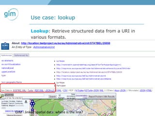 Use case: lookup
GIM - linked spatial data: where is the link?
Lookup: Retrieve structured data from a URI in
various formats.
 