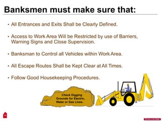 Banksmen must make sure that:
• All Entrances and Exits Shall be Clearly Defined.
• Access to Work Area Will be Restricted by use of Barriers,
Warning Signs and Close Supervision.
• Banksman to Control all Vehicles within Work Area.
• All Escape Routes Shall be Kept Clear at All Times.
• Follow Good Housekeeping Procedures.
Check Digging
Grounds for Electric,
Water or Gas Lines.
14
“Workers Lives Matter”
 