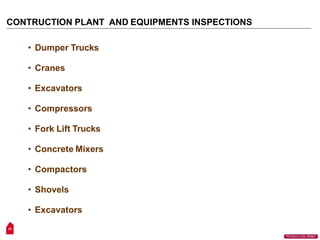 • Dumper Trucks
• Cranes
• Excavators
• Compressors
• Fork Lift Trucks
• Concrete Mixers
• Compactors
• Shovels
• Excavators
20
“Workers Lives Matter”
CONTRUCTION PLANT AND EQUIPMENTS INSPECTIONS
 